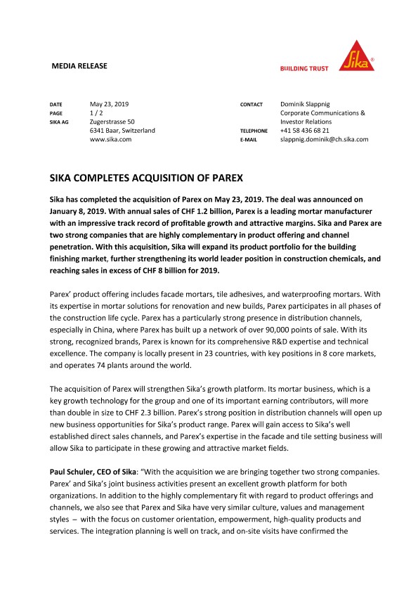 Sika Completes Acquisition of Parex